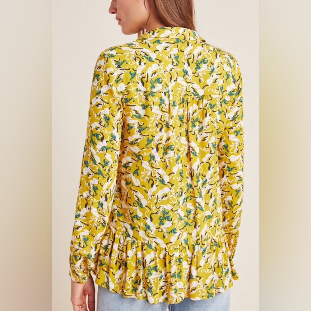 ANTHROPOLOGIE + MAEVE Janie Flounced Peasant Blouse Rabbit Printed Top - Picture 3 of 16
